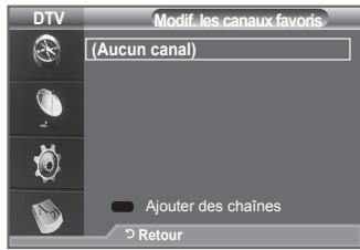 DTV Modif. les canaux favoris (Aucun canal) Ajouter des chaînes Retour