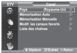DTV Canal Pays :Royaume-Uni Mémorisation Auto Mémorisation Manuelle Modif. les canaux favoris Liste des chaînes Déplacer Entrer Retour