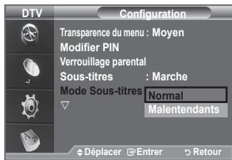 DTV Configuration Transparence du menu : Moyen Modifier PIN Verrouillage parental Sous-titres : Marche Mode Sous-titres Normal Malentendants Déplacer Entrer Retour