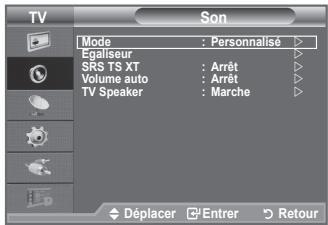 TV Son Mode : Personnalisé Egaliseur SRS TS XT : Arrêt Volume auto : Arrêt TV Speaker : Marche Déplacer Entrer Retour