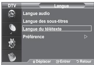 DTV Langue Langue audio Langue des sous-titres Langue du télétexte Préférence Déplacer Entrer Retour