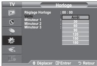 TV Horloge Réglage Horloge : 00 : 00 Veille : Arrêt Minuteur 1 : 30 Minuteur 2 : 60 Minuteur 3 : 90 120 150 180 Déplacer Enterr Retour