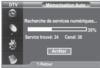 DTV Mémorisation Auto Recherche de services numériques... 35% Service trouvé: 24 Canal: 38 Arrêter → Retour