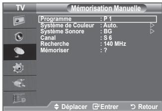 TV Mémorisation Manuelle Programme : P 1 Système de Couleur : Auto. Système Sonore : BG Canal : S 6 Recherche : 140 MHz Mémoriser : ?
