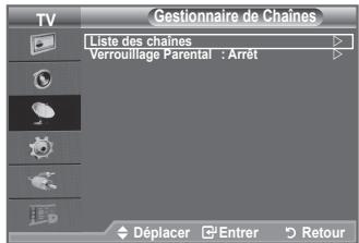 Gestionnaire de Chaînes Liste des chaînes Verrouillage Parental : Arrêt Déplacer Entrer Retour