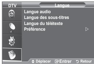 DTV Langue Langue audio Langue des sous-titres Langue du télétexte Préférence Déplacer Entrer Retour