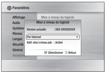 Paramètres Affichage Audio Mise à niveau du logiciel Mise à niveau du logiciel Version actuelle : XXX-XXXXXXXXX Par Internet Notif. mise à niveau auto : Activé Sélectionner Retour
