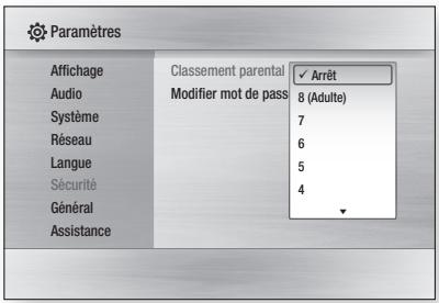 Paramètres Affichage Audio Système Réseau Langue Sécurité Général Assistance Classement parental Modifier mot de pass ✓ Arrêt 8 (Adulte) 7 6 5 4 ▼