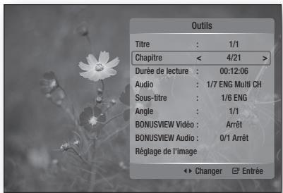 Outils Titre : 1/1 Chapitre < 4/21 > Durée de lecture : 00:12:06 Audio : 1/7 ENG Multi CH Sous-titre : 1/6 ENG Angle : 1/1 BONUSVIEW Vidéo : Arrêt BONUSVIEW Audio : 0/1 Arrêt Réglage de l'image Changer Entrée