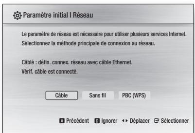 Paramètre initial I Réseau Le paramètre de réseau est nécessaire pour utiliser plusieurs services Internet. Sélectionnez la méthode principale de connexion au réseau. Câblé : défin. connex. réseau avec câble Ethernet. Vérif. câble est connecté. Câble Sans fil PBC (WPS) A Précédent Ignorer ➕ Déplacer Sélectionner