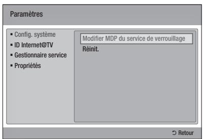 Paramètres ■ Config. système ■ ID Internet@TV ■ Gestionnaire service ■ Propriétés Modifier MDP du service de verrouillage Réinit. © Retour