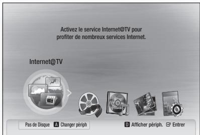 Activez le service Internet@TV pour profiter de nombreux services Internet. Internet@TV Pas de Disque A Changer périph D Afficher périph. Entrer