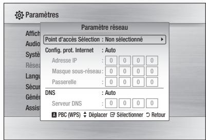 Paramètres Paramètre réseau Point d'accès Sélection : Non sélectionné Config. prot. Internet : Auto Adresse IP : 0 0 0 0 Masque sous-réseau : 0 0 0 0 Passerelle : 0 0 0 0 DNS : Auto Serveur DNS : 0 0 0 0 PBC (WPS) ◆ Déplacer ⚫ Sélectionner ⦻ Retour