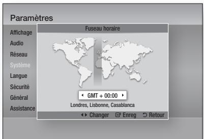 Paramètres Fuseau horaire Affichage Audio Réseau Système Langue Sécurité Général Assistance GMT + 00:00 Londres, Lisbon, Casablanca Changer Enreg Retour
