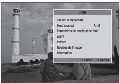 Outils Lancer le diaporama Fond musical : Arrêt Paramètres de musique de fond Zoom Pivoter Réglage de l'image Information Entrer Retour