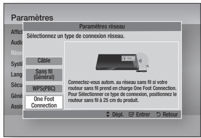 Paramètres Paramètres réseau Sélectionnez un type de connexion réseau. Câble Sans fil (Général) WPS(PBC) One Foot Connection Connectez-vous autom. au réseau sans fil si votre routeur sans fil prend en charge One Foot Connection. Pour Sélectionner ce type de connexion, positionnez le routeur sans fil à 25 cm du produit. Dépl. Entrer Retour