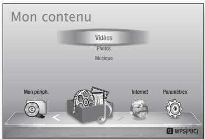 Mon contenu Vidés Photos Musique Mon périph. Internet Paramètres D WPS(PBC)