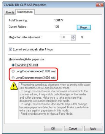 CANON DR-C125 - Cliquez sur l'onglet [Maintenance], puis seLECTIONnez un Long Mode document. - 1