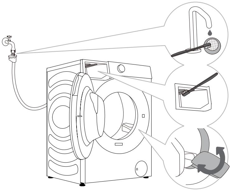 HISENSE WD3S8043BW3 - NETTOYAGE DU TUYAU D'ALIMENTATION EN EAU, DU LOGEMENT DU DISTRIBUTEUR DE DÉTERGENT ET DE LA GARNITURE EN CAOUTCHOUC DU HUBLOT - 1