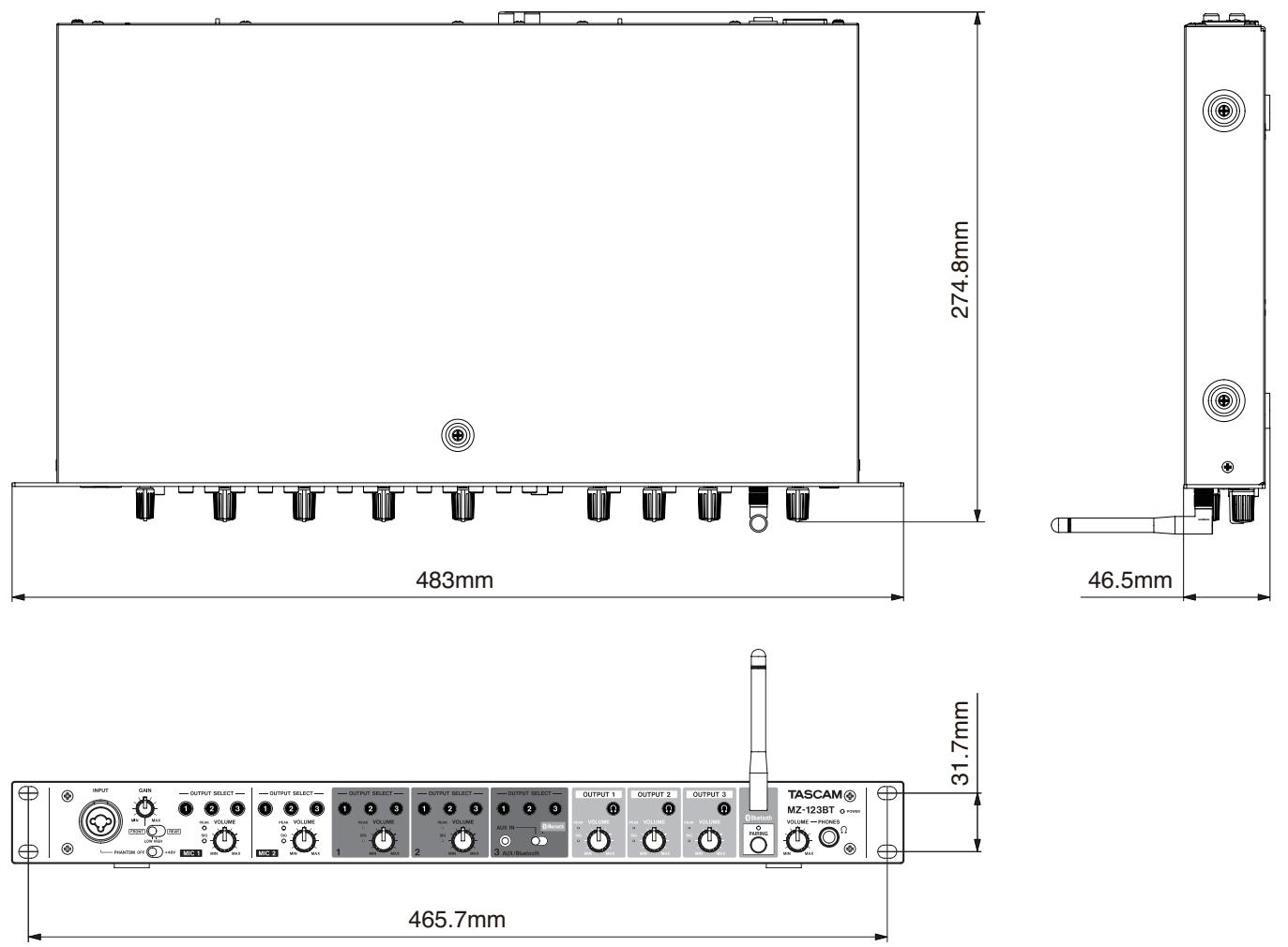 TASCAM MZ-123BT - Dimensional drawings / Dessins avec cotes / Esquema de dimensiones / Maßzeichnung / Dimensioni / 寸法図 - 1