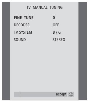 BANG & OLUFSEN Beovision 3-28 - Contenu du menu TV MANUAL TUNING... - 1