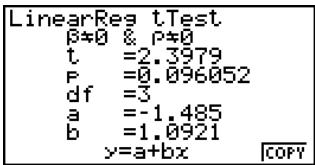 CASIO CFX-9850GB PLUS - Effectuer le test t à régression linéaire quand deux listes de données sont entresetés - 1