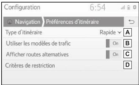 TOYOTA Hilux - Navigation et Multimédia - Affichage de l'écran des préférences d'itinéraire - 2