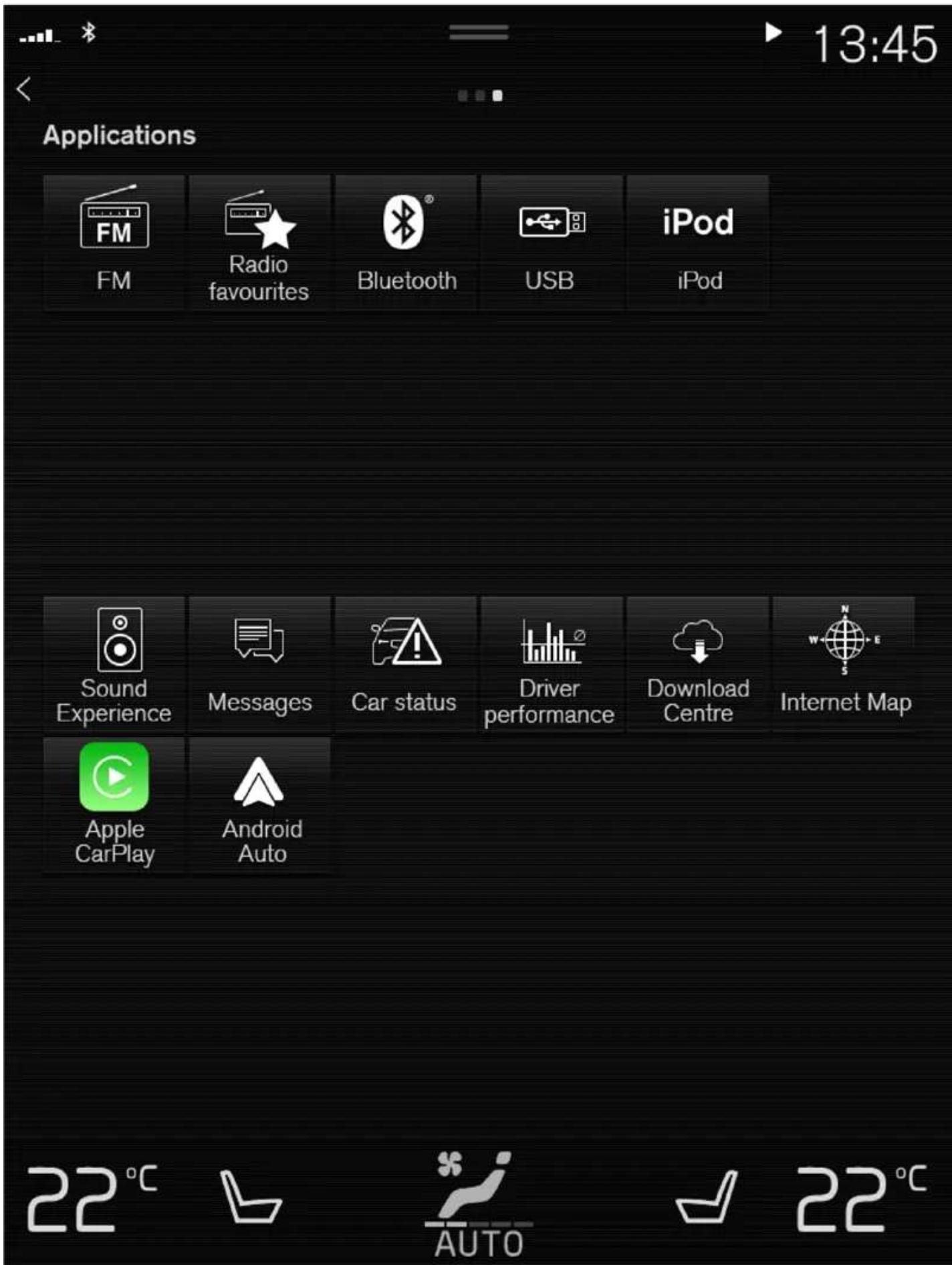 Applications FM Radio favourites Bluetooth USB iPod Sound Experience Messages Car status Driver performance Download Centre Internet Map Apple CarPlay Android Auto 22°C AUTO 22°C