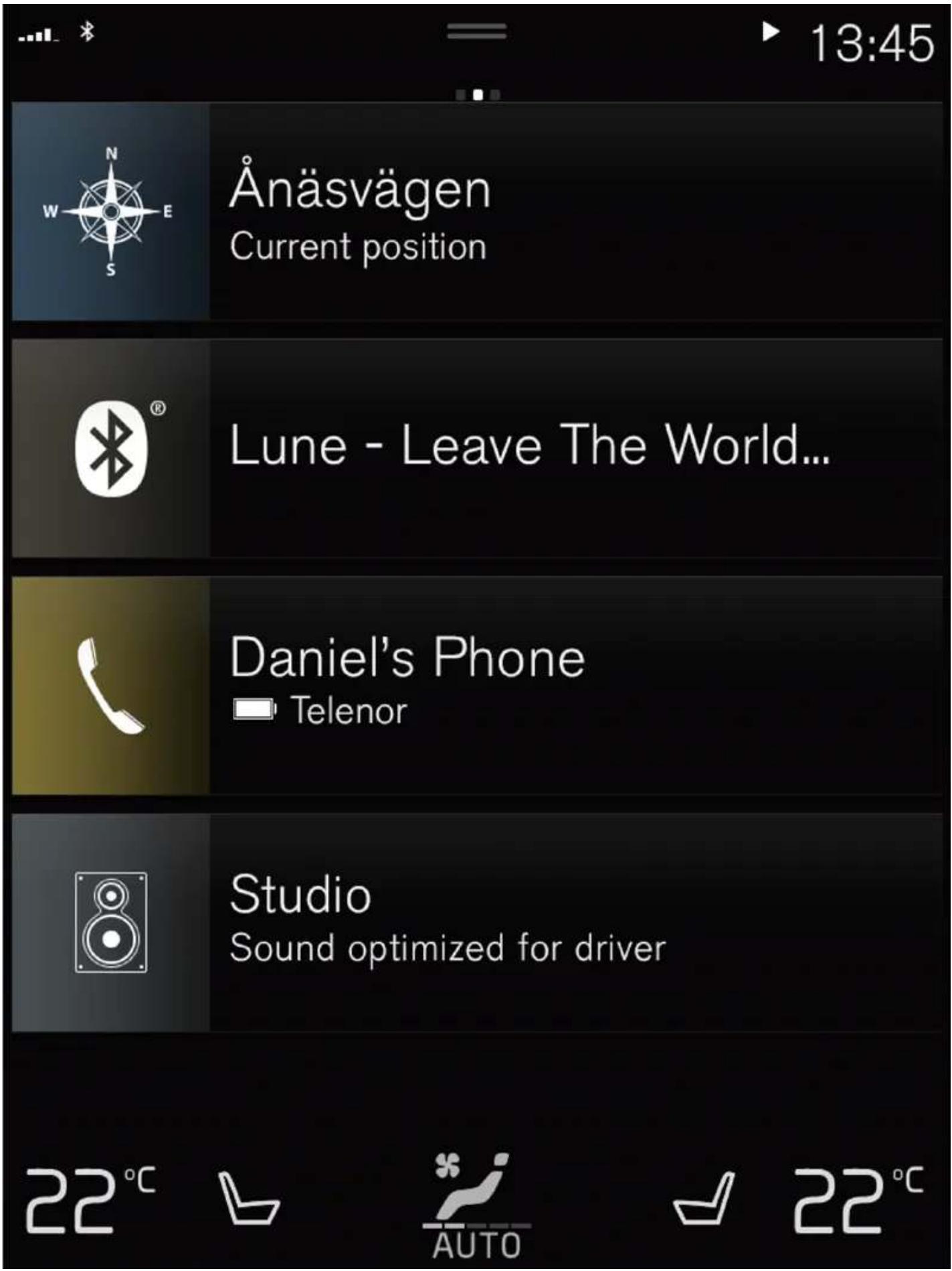 13:45 Änäsvägen Current position Lune - Leave The World... Daniel's Phone Telenor Studio Sound optimized for driver 22°C AUTO 22°C
