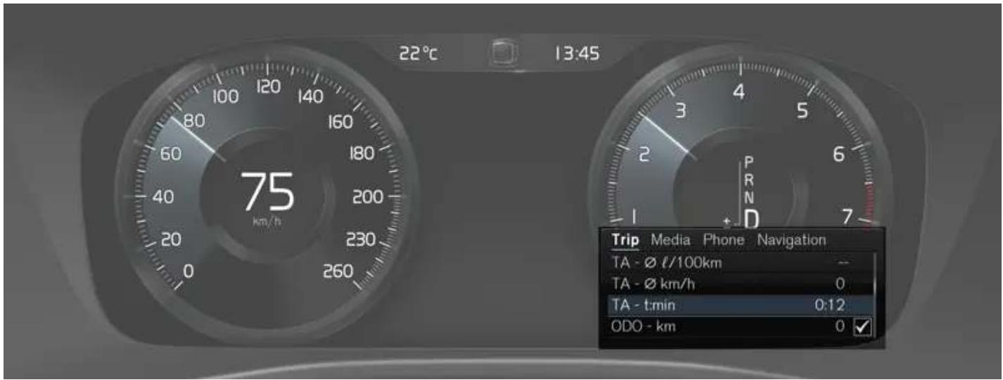 22°C 13:45 75 km/h Trip Media Phone Navigation TA - Ø ℓ/100km -- TA - Ø km/h 0 TA - t:min 0:12 ODO - km 0 ✓