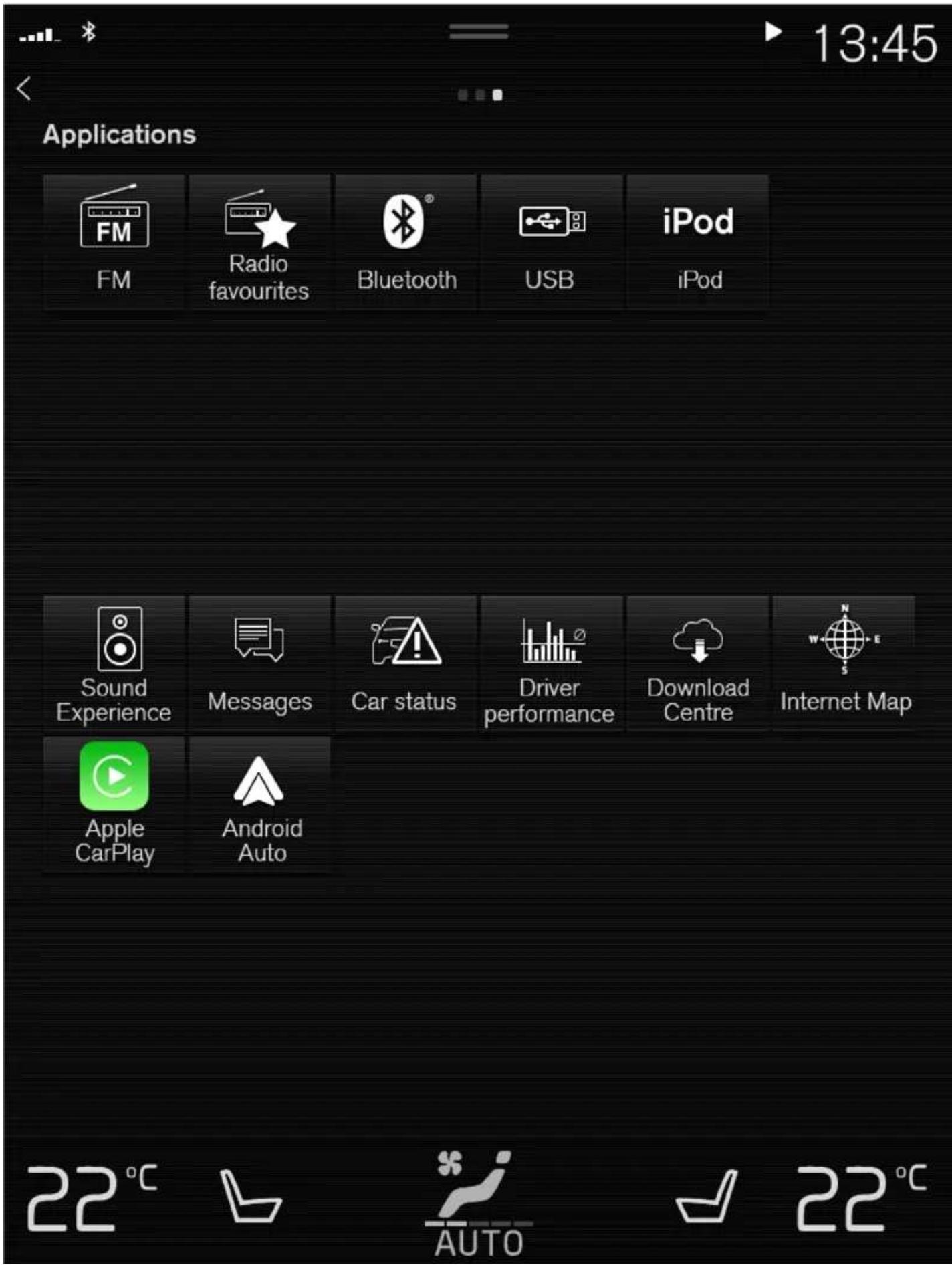 Applications FM Radio favourites Bluetooth USB iPod Sound Experience Messages Car status Driver performance Download Centre Internet Map Apple CarPlay Android Auto 22°C AUTO 22°C