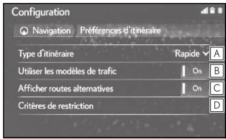 LEXUS UX ZA10 - Système de navigation - Affichage de l'écran des préférences d'itinéraire - 1