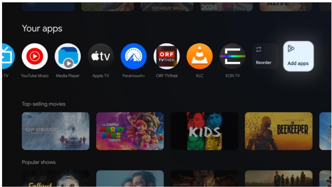 Your apps TV YouTube Music Media Player Apple TV Paramount+ ORF TVthek VLC EON TV Reorder Add apps Top-selling movies GPA STBUSTERS TROZIN IMPER THE SUPER BOYS MOVIE KIDS THE BEEKEEPER Popular shows