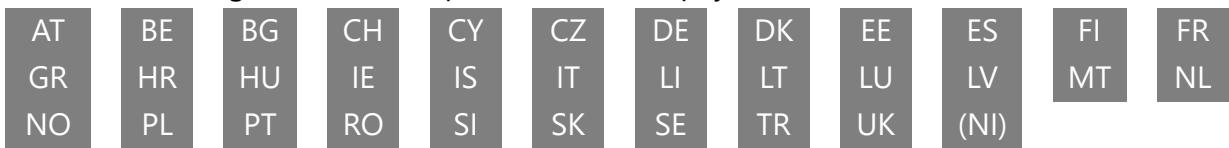 AT GR NO BE HR PL BG HU PT CH IE RO CY IS SI CZ IT SK DE LI SE DK LT TR EE LU UK ES LV (NI) FI MT FR NL