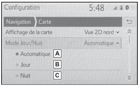 Configuration 5:48 Navigation Carte Affichage de la carte Vue 2D nord Mode Jour/Nuit Automatique ● Automatique A ● Jour B ● Nuit C
