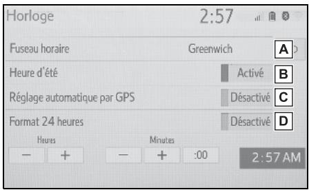 Horloge 2:57 Fuseau horaire Greenwich A Heure d'été Activé B Réglage automatique par GPS Désactivé C Format 24 heures Désactivé D Heures Minutes 2:57 AM - + - + :00