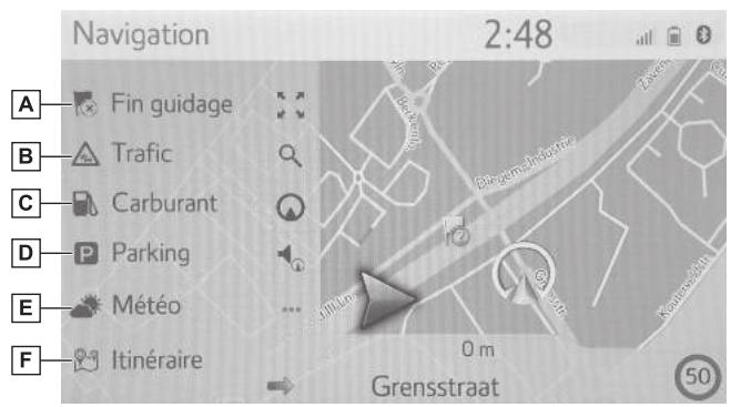 Navigation 2:48 A— Fin guidage B— Trafic C— Carburant D— Parking E— Météo F— Itinéraire Grensstraat 50