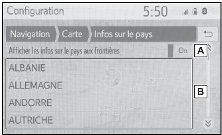 Configuration 5:50 Navigation > Carte > Infos sur le pays Afficher les infos sur le pays aux frontières A ALBANIE ALLEMAGNE ANDORRE AUTRICHE B