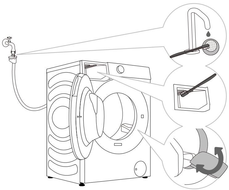 HISENSE WF5S1243BW - NETTOYAGE DU TUYAU D'ALIMENTATION EN EAU, DU LOGEMENT DU DISTRIBUTEUR DE LESSIVE ET DU JOINT DE PORTE EN CAOUTCHOUC - 1