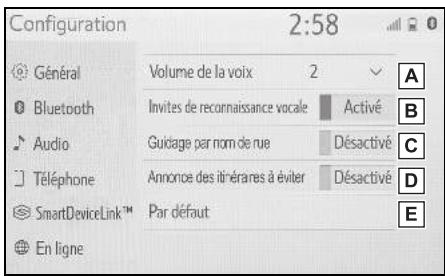 Configuration 2:58 Général Volume de la voix 2 A Bluetooth Invites de reconnaissance vocale Activé B Audio Guidage par nom de rue Désactivé C Téléphone Annonoe des itinérares à éviter Désactivé D SmartDeviceLink™ Par défaut E En ligne