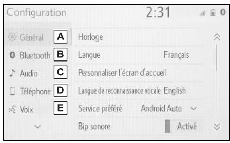 Configuration 2:31 Général A Horloge Bluetooth B Langue Français Audio C Personnaliser l'écran d'accueil Téléphone D Langue de reconnaissance vocale English Voix E Service préféré Android Auto Bip sonore Activé