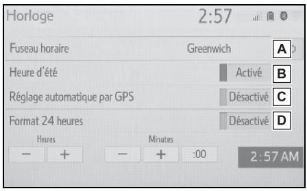 Horloge 2:57 Fuseau horaire Greenwich A Heure d'été Activé B Réglage automatique par GPS Désactivé C Format 24 heures Désactivé D Heures Minutes 2:57 AM - + - + :00