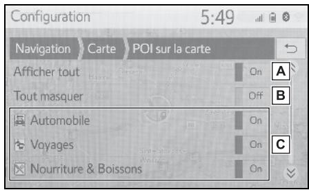 Configuration 5:49 Navigation Carte POI sur la carte Afficher tout On Tout masquer Off Automobile On Voyages On Nourriture & Boissons On