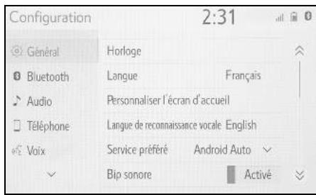 Configuration 2:31 Général Horloge Bluetooth Langue Français Audio Personnaliser l'écran d'accueil Téléphone Langue de reconnaissance vocale English Voix Service préféré Android Auto Bip sonore Activé