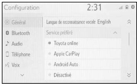 Configuration 2:31 Général Langue de reconnaissance vocale English Bluetooth Service préféré Audio Toyota online Téléphone Apple CarPlay Voix Android Auto Desactivé