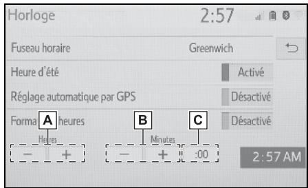 Horloge 2:57 Fuseau horaire Greenwich Heure d'été Activé Réglage automatique par GPS Désactivé Forma A heures B C Désactivé Helias Minutes 00 2:57 AM