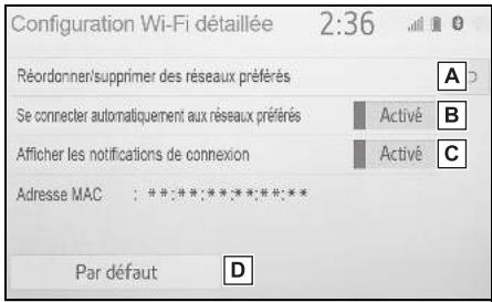 Configuration Wi-Fi détaillée 2:36 Réordonner/supprimer des réseaux préférés Se connecter automatiquement aux réseaux préférés Afficher les notifications de connexion Adresse MAC : *.*:*:*:*:*:*:*:*:* * Par défaut D