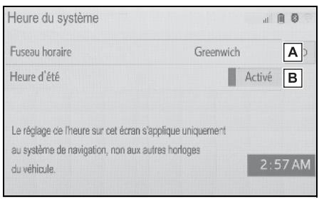 Heure du système Fuseau horaire Greenwich A Heure d'été Activé B Le réglage ce l'heure sur cet écran s'applique uniquement au système de navigation, non aux autres horloges du véhicule. 2:57 AM