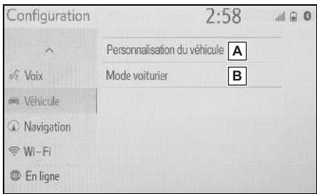 Configuration 2:58 Voix Véhicule Navigation Wi-Fi En ligne Personnalisation du véhicule A Mode voiturier B