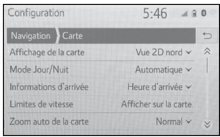 Configuration 5:46 Navigation > Carte Affichage de la carte Vue 2D nord Mode Jour/Nuit Automatique Informations d'arrivée Heure d'arrivée Limites de vitesse Afficher sur la carte Zoom auto de la carte Normal